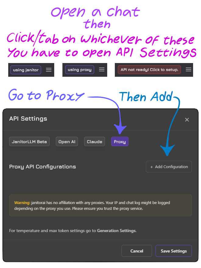 Open a chat, open API Settings, select Proxy and then Add Configuration.