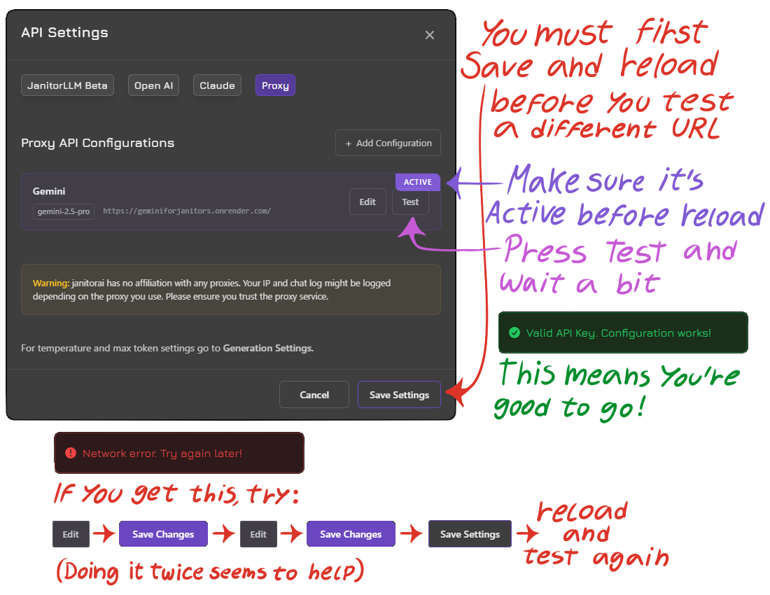 You must first Save and reload before you test a different URL. Make sure it's Active before reload. Press Test and wait a bit. If you get “Valid API Key. Configuration works!” then you are good to go. If you get “Network error. Try again later!” then try: Edit, Save Changes, Edit, Save Changes, Save Settings, reload and test again. Doing Edit/Save twice seems to work.